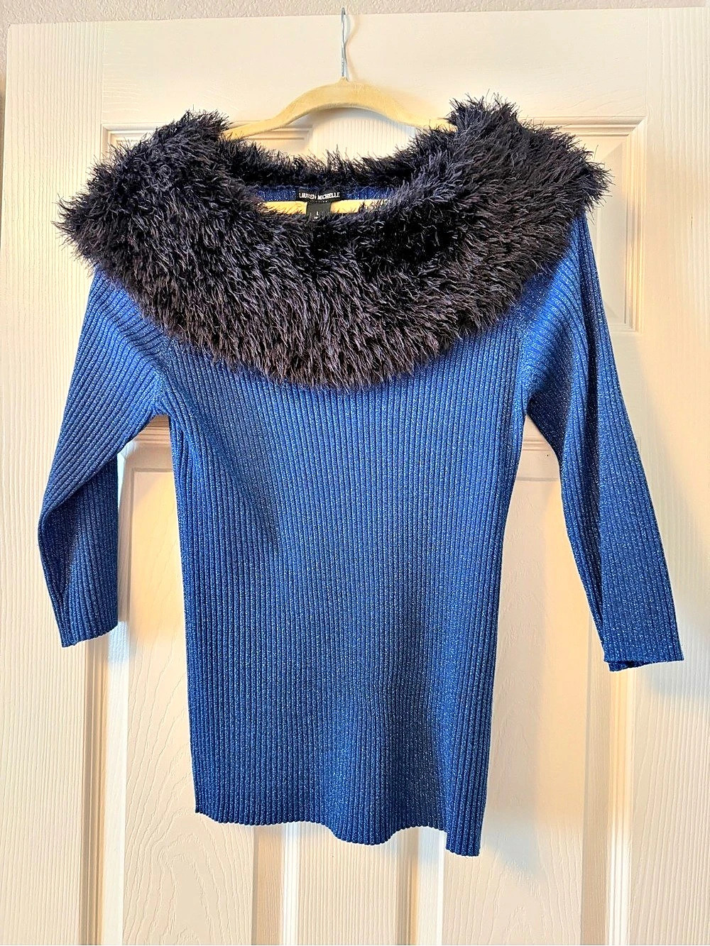 Lauren Michelle Faux Fur Collar Tunic in Blue & Black Large Like New